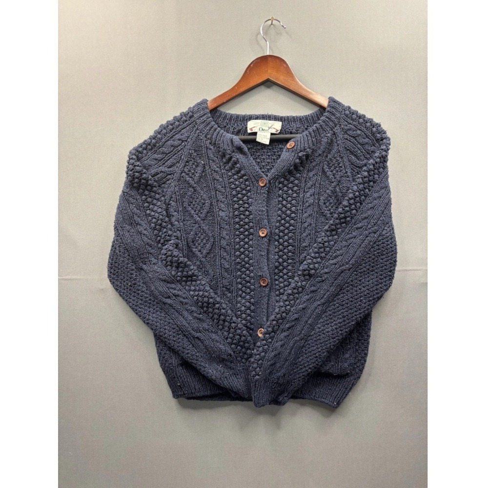 Orvis Cardigan Sweater Womens Navy Blue Silk Cotton Cable Knit Pockets M - Picture 2 of 8